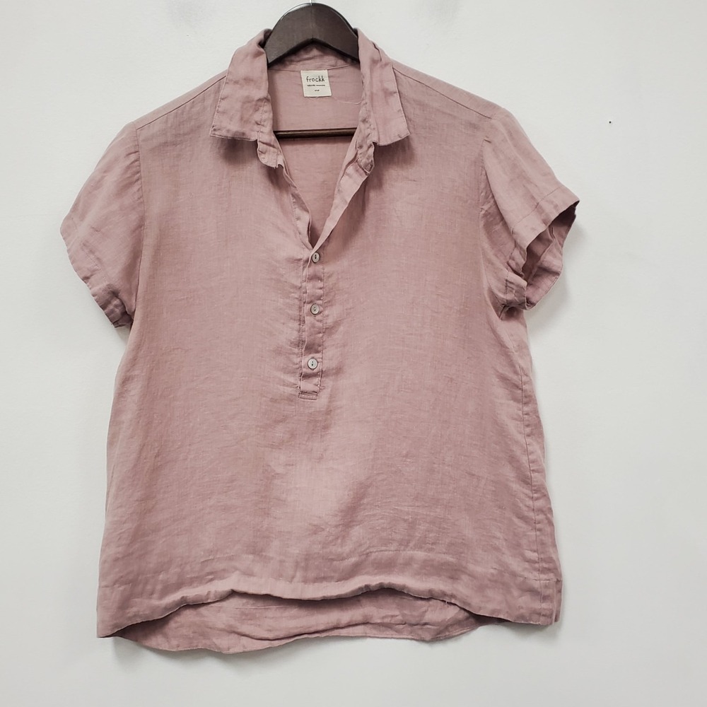 Frockk Womens 100% Linen Popover‎ Top Size S Brown Short Sleeve V Neck Coastal